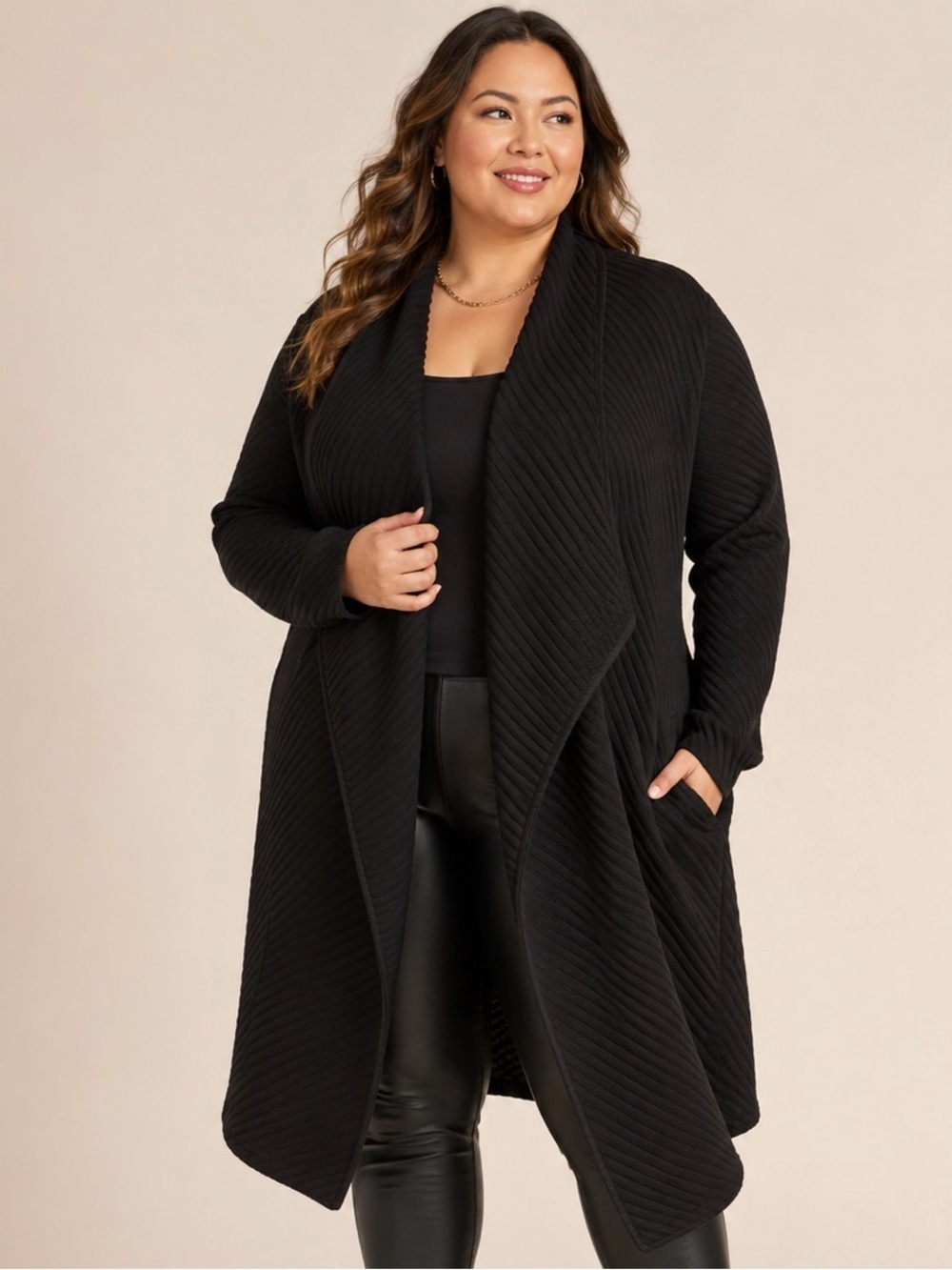 Tahari Black Ribbed Waterfall Open Front Coatigan Cardigan Plus Size 1X